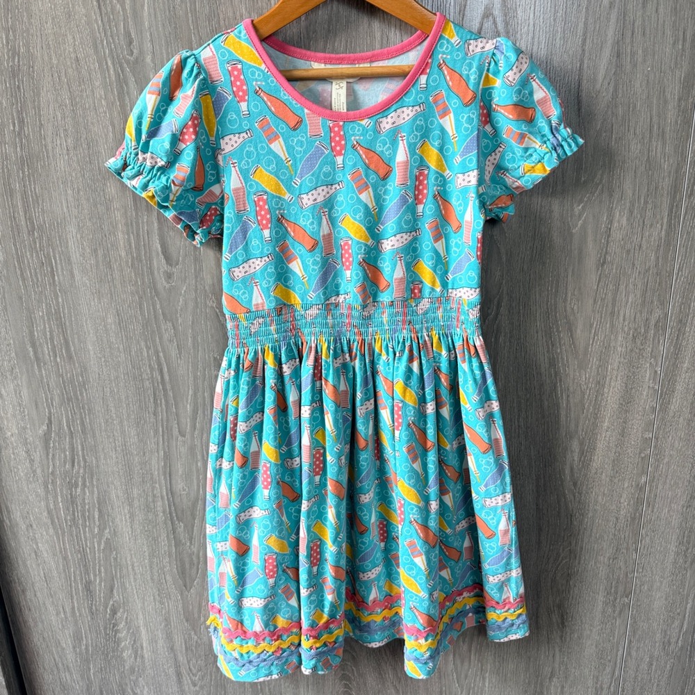 Matilda Jane "Soda Lightful" Dress Girls 8 Blue Whimsical Rickrack Trim Retro
